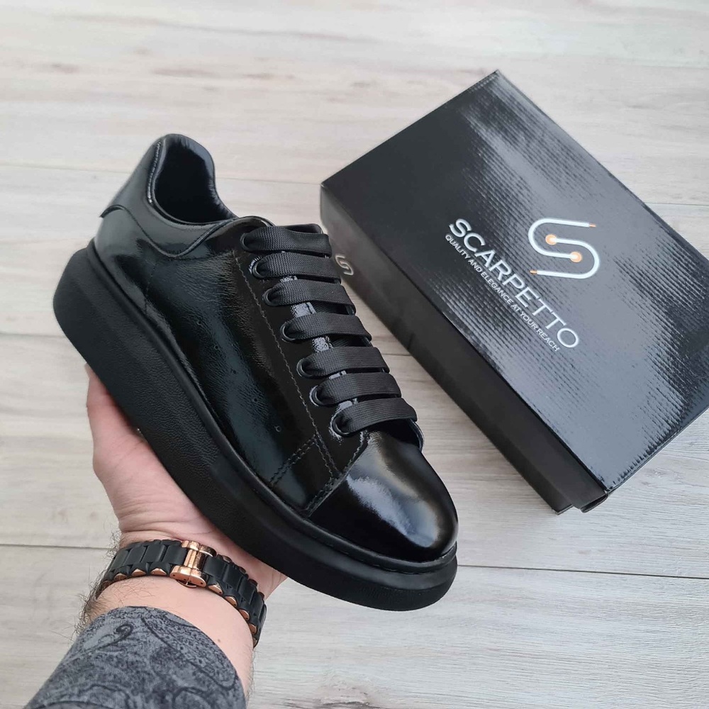 Platform Sole Shiny Black Genuine Leather Sneakers